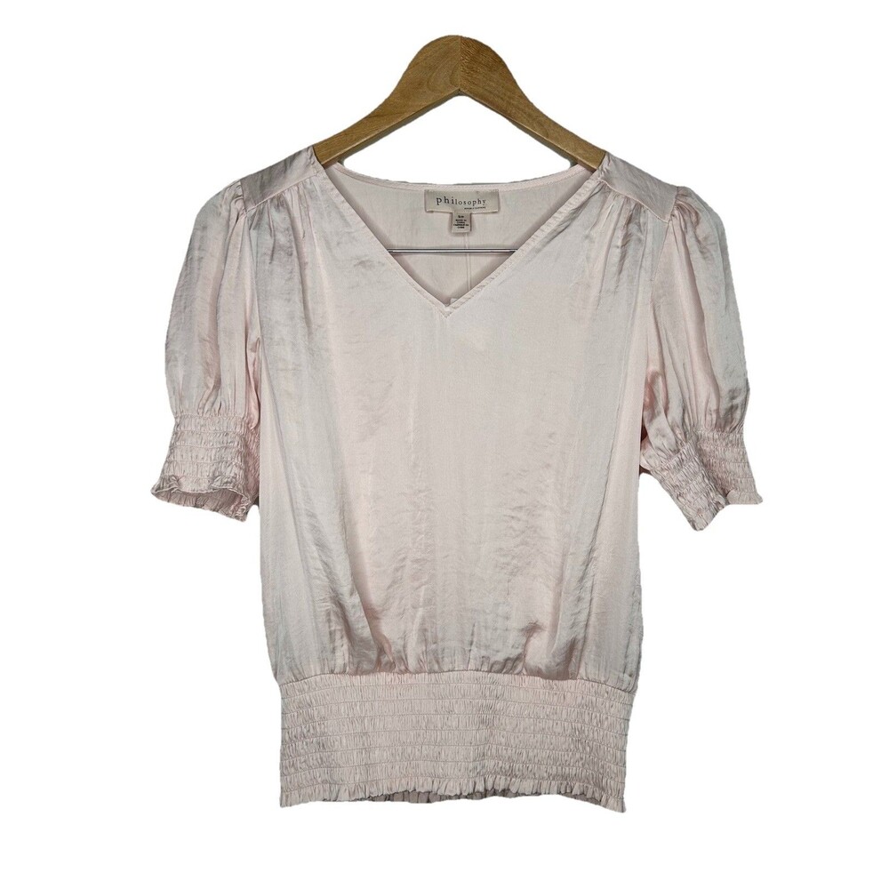 NWT Philosophy Womens Size S Smocked Waist Puff Sleeve Silky V-Neck Blush Blouse